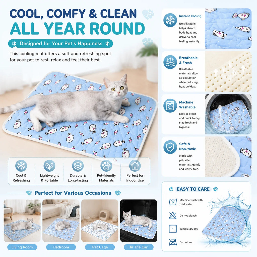 Ice-Silk Cooling Mat – Cute Cartoon Self-Cooling Pet Pad