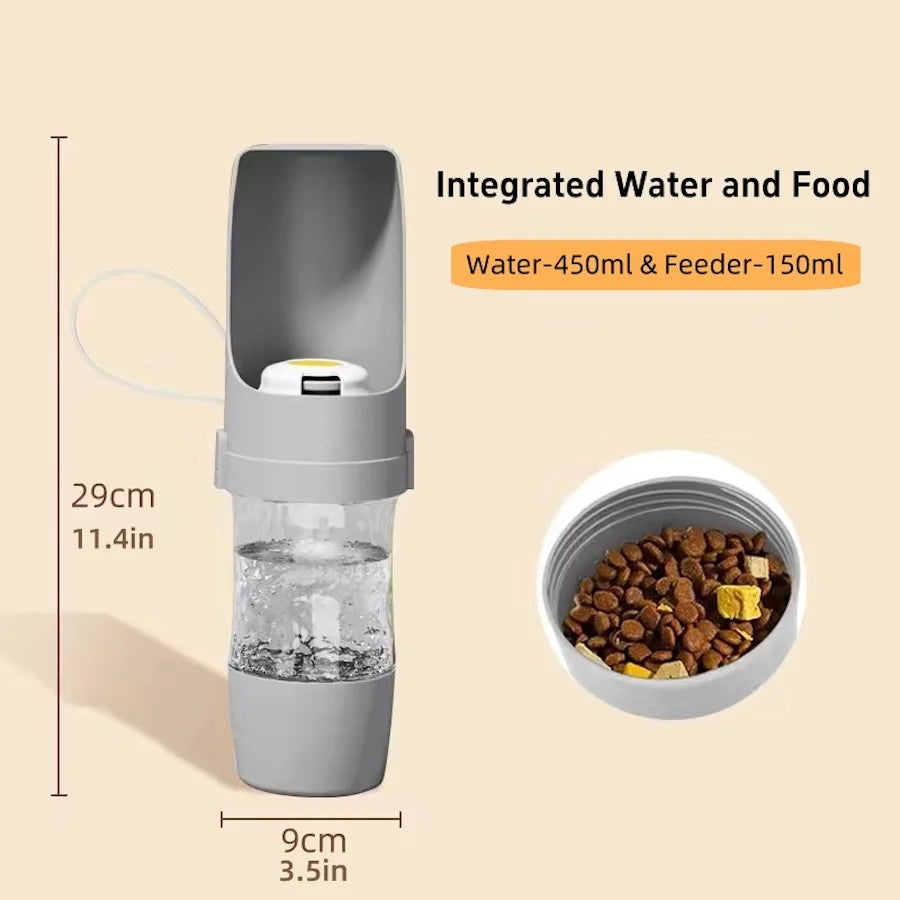 Portable Pet Water Bottle with Food Storage – Travel Feeder