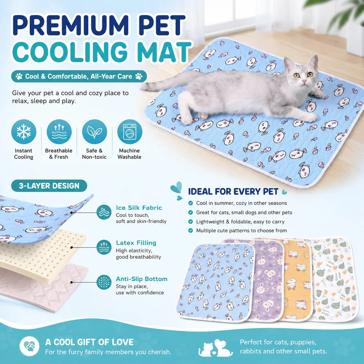 Ice-Silk Cooling Mat – Cute Cartoon Self-Cooling Pet Pad
